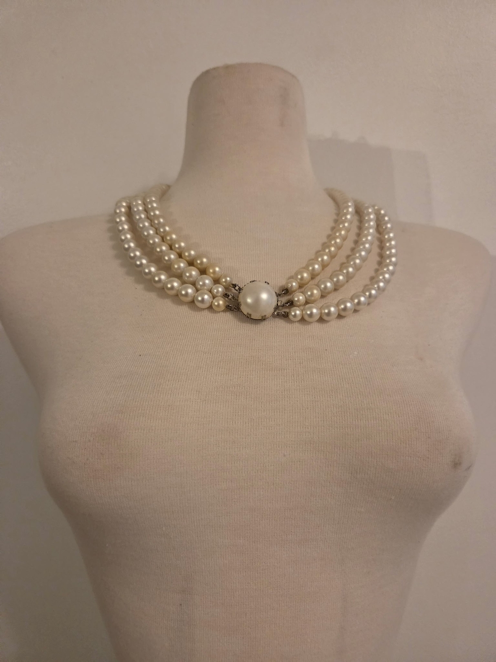 Vintage Ivory Multi-Strand Pearl Necklace with Center Medallion